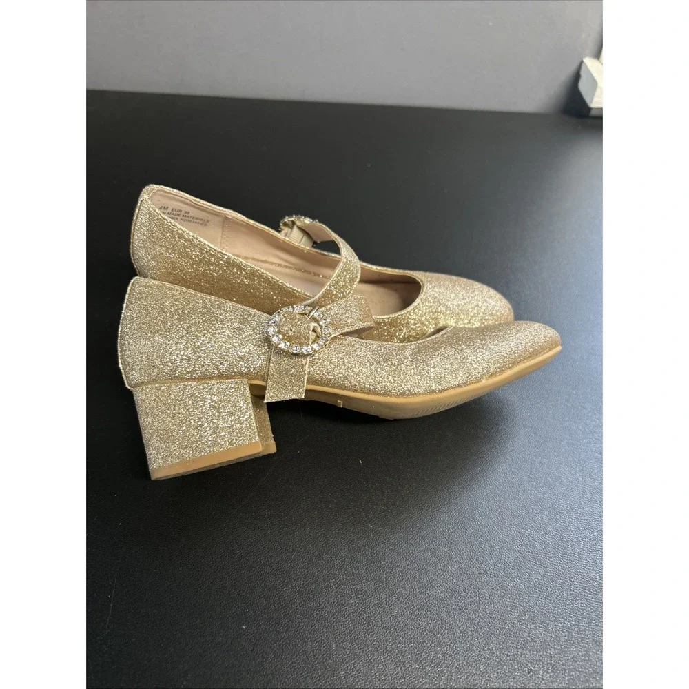 Girls Size‎ 4 Nina Gold Bling Shoes Wedding Dance Pageant Block Heel Rhinestone